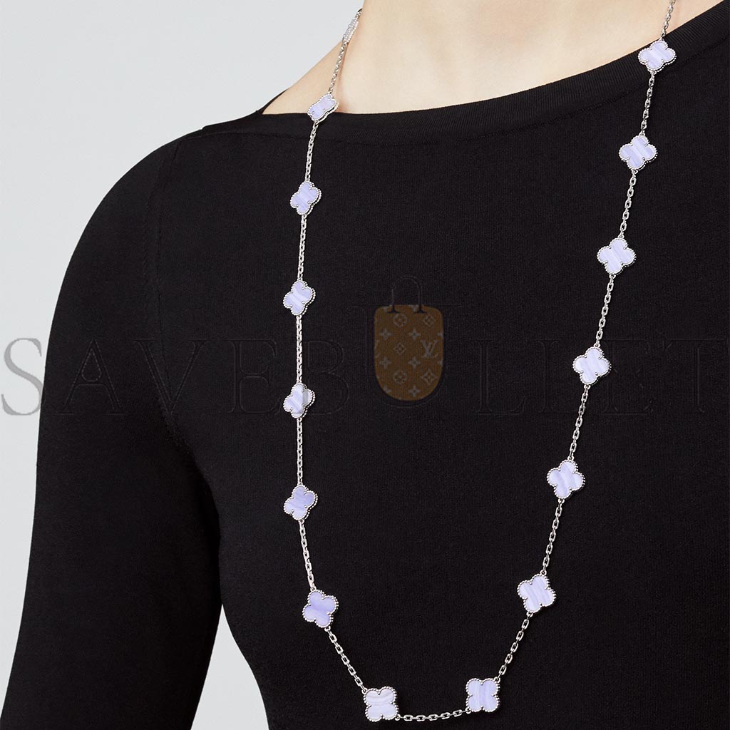V*N CL*F arpels vintage alhambra long necklace, 20 motifs - white gold, chalcedony vcard80900